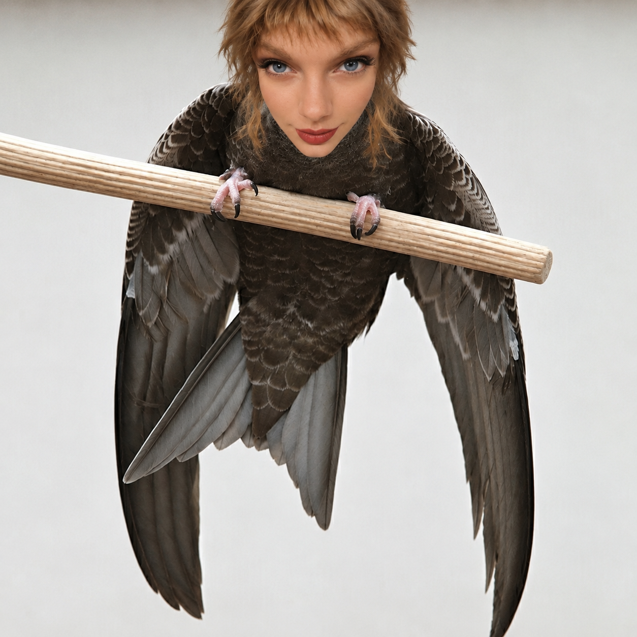 The winged SWIFT character perched on a wooden bar